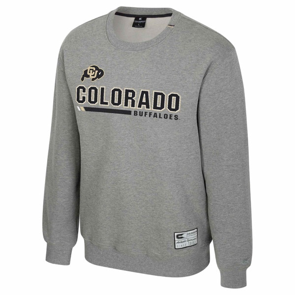 CU Boulder gray crewneck sweatshirt with embroidered Colorado Buffaloes text and logo by Colosseum